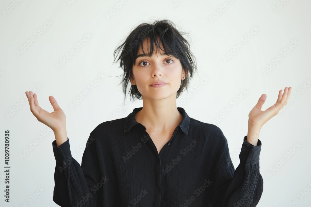 Young woman shrugging with open palms posing in studio Young woman shrugging with open palms posing in studio