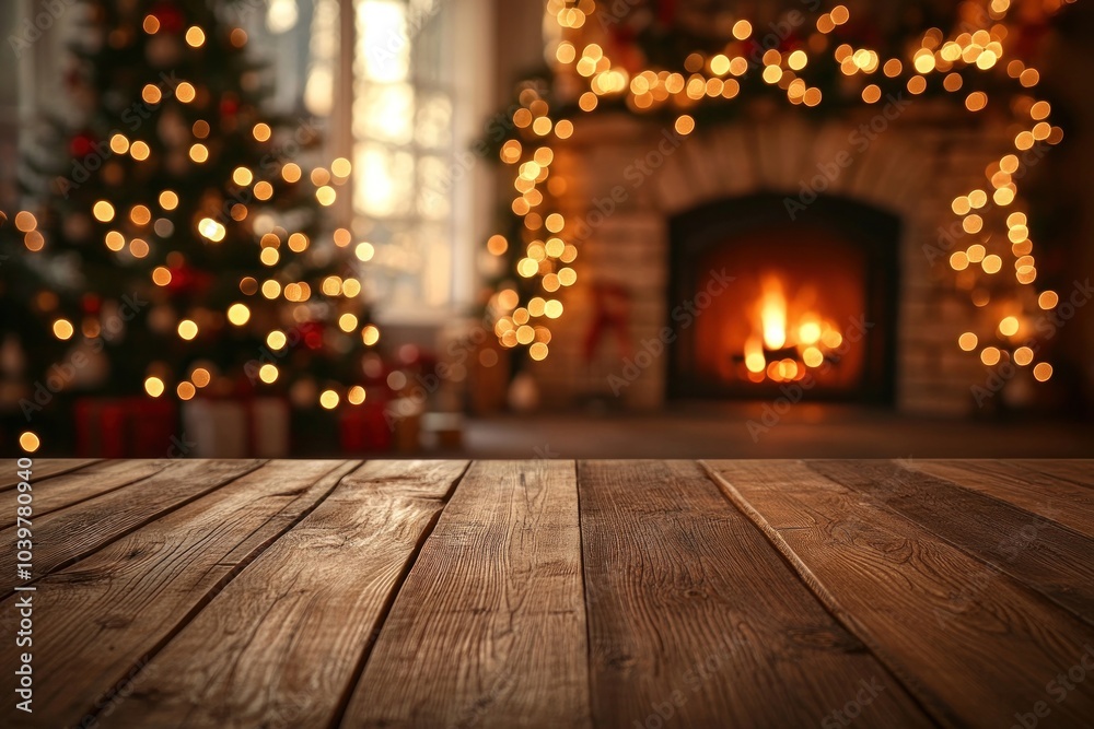 Wooden table top fireplace christmas interior. Wooden table top fireplace christmas interior.