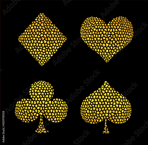 Golden symbols of playing cards on black background.