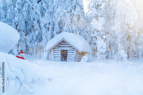 Authentic Santa Claus walking through snowy forest to his hut.