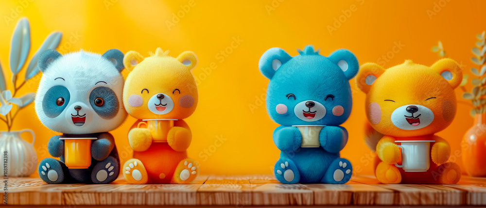 Four stuffed animals sitting on table, each holding a cup, orange background Four stuffed animals sitting on table, each holding a cup, orange background