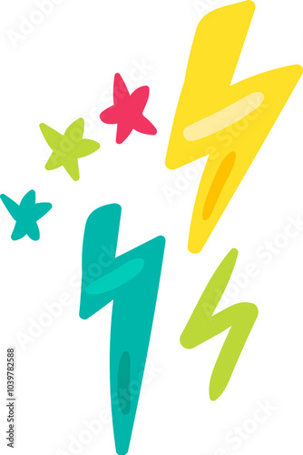 A vibrant vector illustration of thunderbolts and stars in joyful cartoon style. A lively music festival or celebration with joyous atmosphere. Music cafe or club decoration. Elements for birthday par