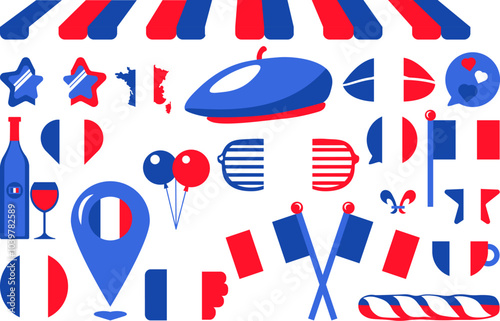 A vibrant set of vector illustrations in colors of French flag in a cartoon style. Collection of clip art: kissing lips, flags, emblems, decorations, location pin, thumb up, accessories. French cultur