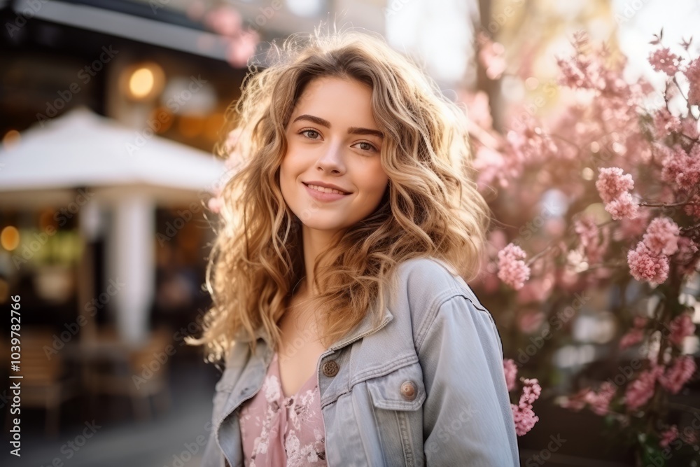Portrait of a beautiful young woman with blond curly hair in a denim jacket on the background of a blooming spring garden Portrait of a beautiful young woman with blond curly hair in a denim jacket on the background of a blooming spring garden
