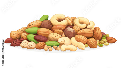 Vector illustration of a pile of different nuts includes cashew, walnuts, macadamia, brazil nut, pecan, hazelnut, peanut, pistachios, nutmeg, pine nuts, almonds