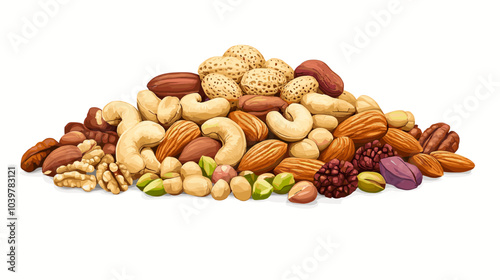 Vector illustration of a pile of different nuts includes cashew, walnuts, macadamia, brazil nut, pecan, hazelnut, peanut, pistachios, nutmeg, pine nuts, almonds