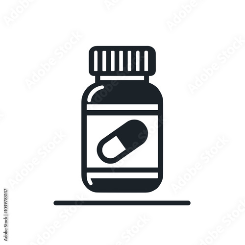 Capsule bottle icon, symbol of food additives and medicines, Medical clipart, black and white,  PNG
