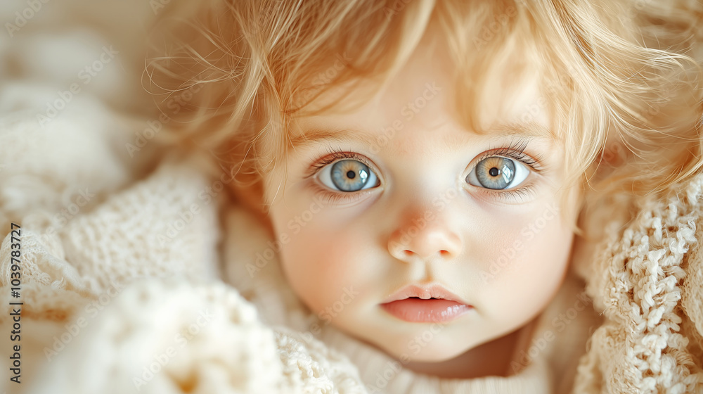 Close-up portrait of a baby girl with blue eyes and blonde hair, capturing innocence and tenderness in soft light, children fashion advertisement