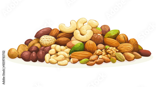 Vector illustration of a pile of different nuts includes cashew, walnuts, macadamia, brazil nut, pecan, hazelnut, peanut, pistachios, nutmeg, pine nuts, almonds