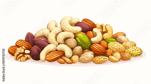 Vector illustration of a pile of different nuts includes cashew, walnuts, macadamia, brazil nut, pecan, hazelnut, peanut, pistachios, nutmeg, pine nuts, almonds