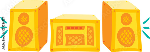 A vibrant vector illustration of a audio system with loudspeakers in joyful cartoon style. A lively music festival or celebration with joyous atmosphere. Music cafe or club decoration. Elements for bi