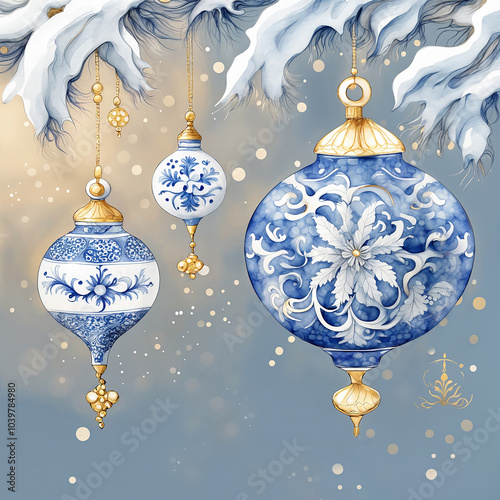 Christmas illustration featuring tree ornaments made of blue and white porcelain. A delicate and elegant holiday decor.