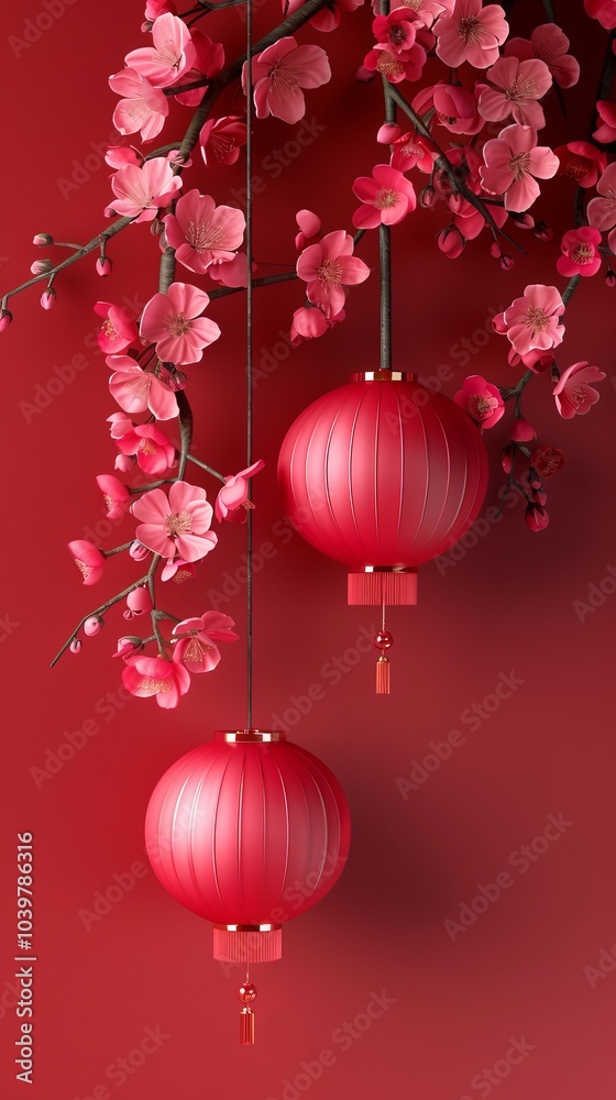 Elegant red lanterns and cherry blossoms on a vibrant red background. Elegant red lanterns and cherry blossoms on a vibrant red background.