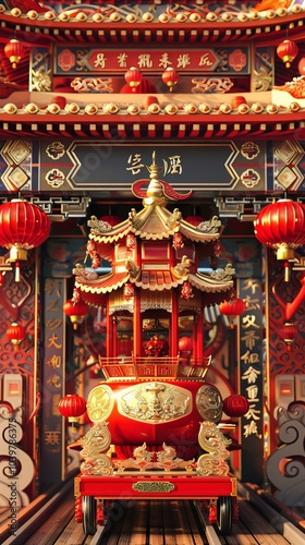 Traditional chinese architecture with bright lanterns and ornate cart.