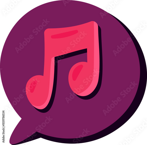 A vibrant vector illustration of a speech bubble with note sign in joyful cartoon style. A lively music festival or celebration with joyous atmosphere. Music cafe or club decoration. Elements for birt