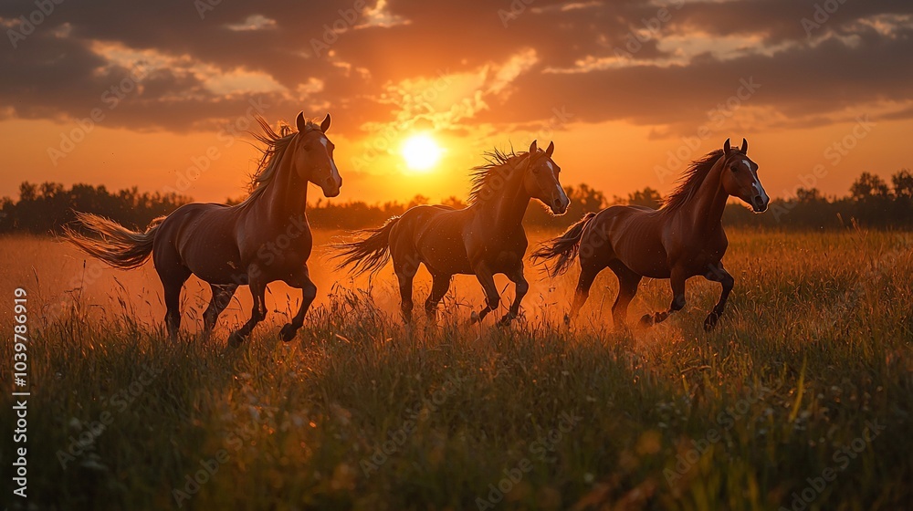 Three brown horses run through a field at sunset, kicking up dust. Three brown horses run through a field at sunset, kicking up dust.