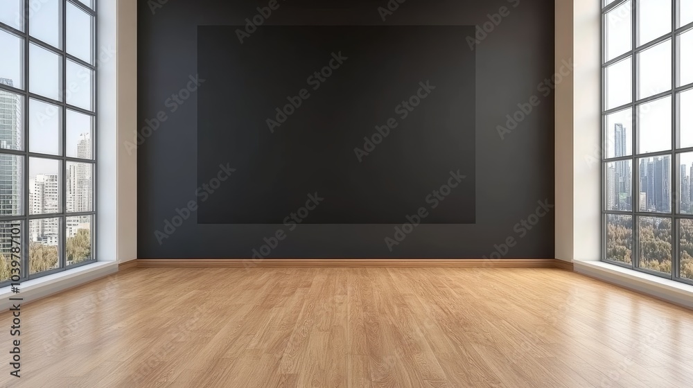 A spacious, modern interior featuring large windows, a wooden floor, and a prominent black wall, ideal for artwork or presentations. A spacious, modern interior featuring large windows, a wooden floor, and a prominent black wall, ideal for artwork or presentations.