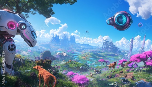 Whimsical 3D rendered landscape with colorful cartoon characters and buildings,  against a bright blue sky.