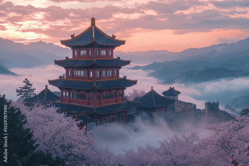 Obraz premium A Chinese-style building, located on the top of Mountains in China, with floors and golden roofs, during cherry blossom season. During a beautiful sunset, surrounded by sea of clouds