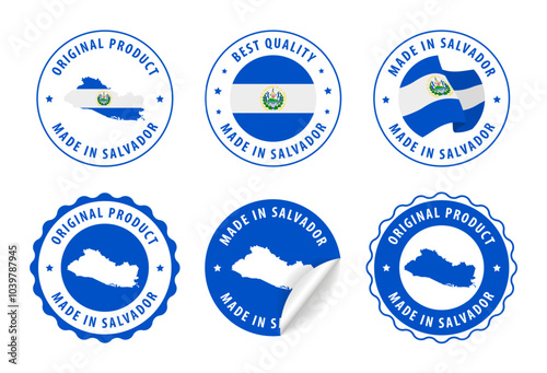El Salvador - set of stamps and stickers with map and flag. Made in. Best quality. Original product. Vector illustration.