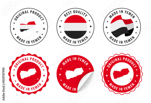 Yemen - set of stamps and stickers with map and flag. Made in. Best quality. Original product. Vector illustration.