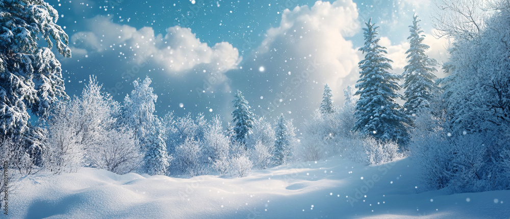 Snow Covered Forest with Snowfall and Bright Blue Sky Snow Covered Forest with Snowfall and Bright Blue Sky