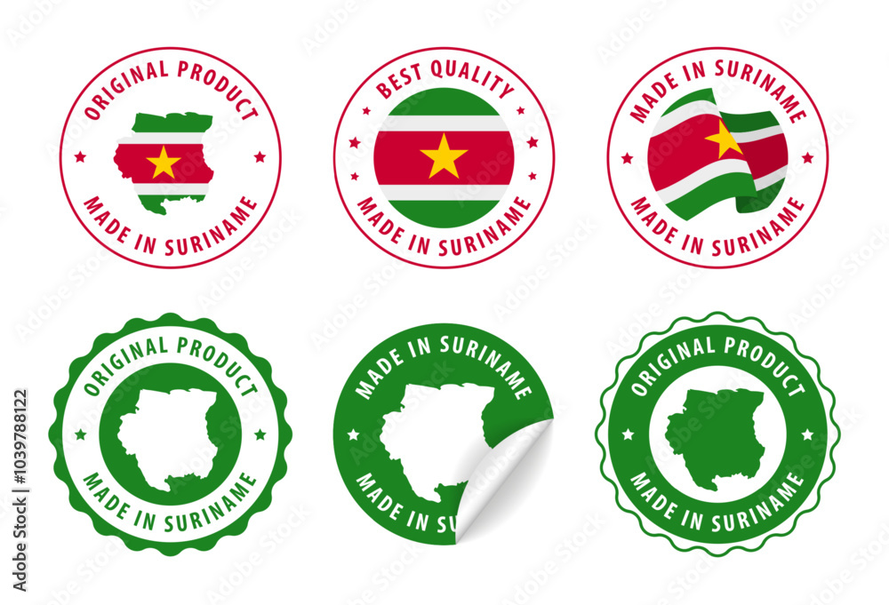 Suriname - set of stamps and stickers with map and flag. Made in. Best quality. Original product. Vector illustration. Suriname - set of stamps and stickers with map and flag. Made in. Best quality. Original product. Vector illustration.