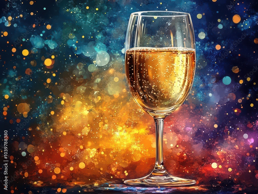 cartoon-style illustration of a glass of sparkling white wine with playful bubbles, set against a vibrant background, exuding a light and cheerful atmosphere