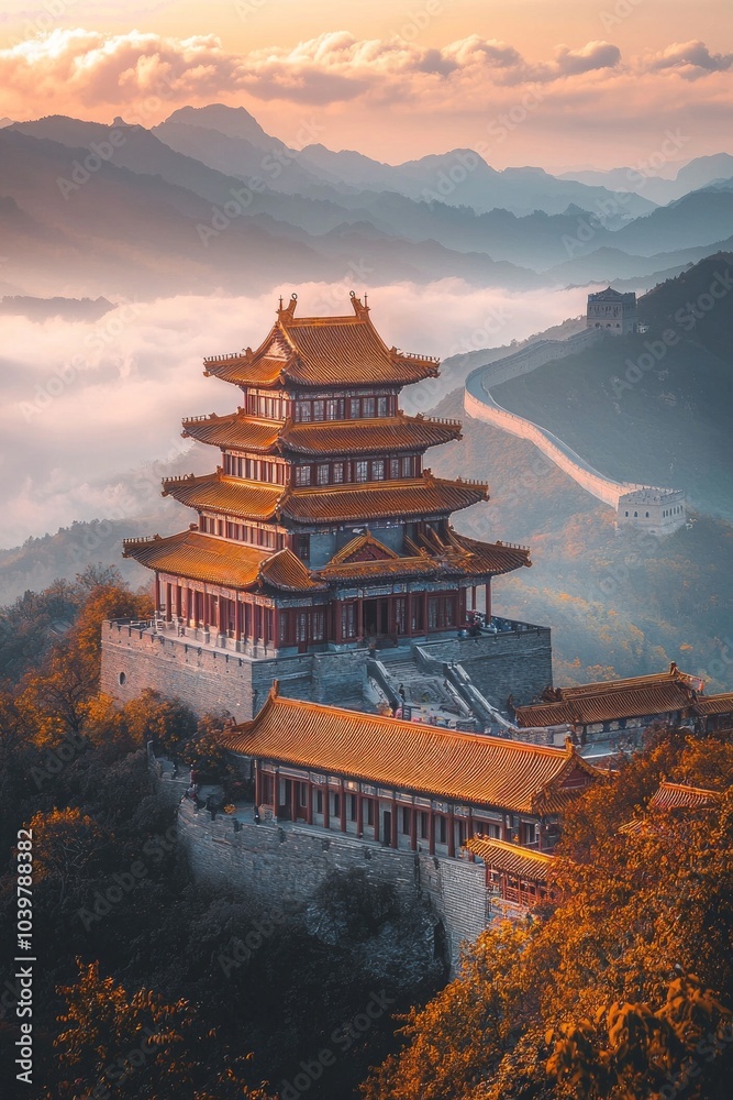 Obraz premium A Chinese-style building, located on the top of Mountains in China, with floors and golden roofs, during autumn season with autumn foliage. During a beautiful sunset, surrounded by sea of clouds.