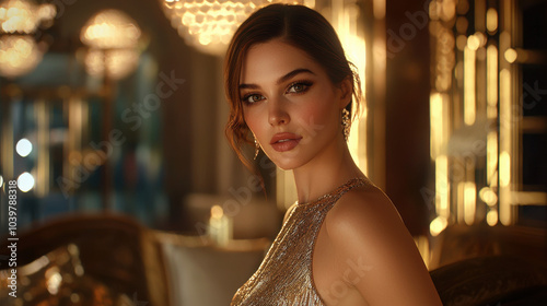 Elegant Woman in Gold Dress