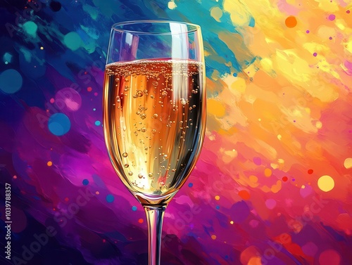 Obraz na płótnie cartoon-style illustration of a glass of sparkling white wine with playful bubbles, set against a vibrant background, exuding a light and cheerful atmosphere w salonie