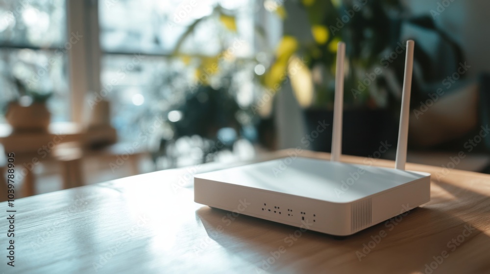 White Wi-Fi router placed on wooden table in home setting
