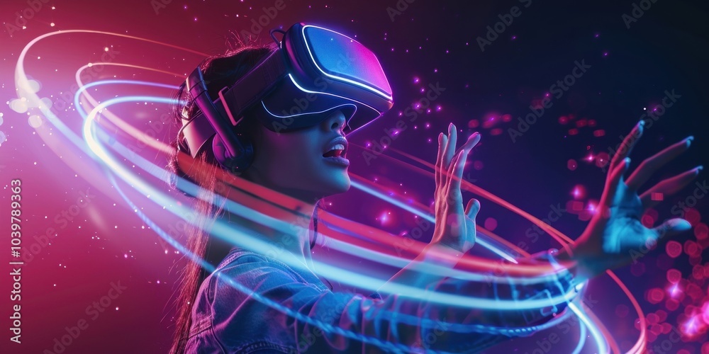 Woman in a VR headset light vr headset performer. Woman in a VR headset light vr headset performer.
