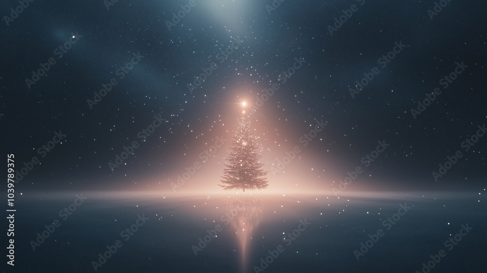 Naklejka premium Glowing Christmas Tree in Zero Gravity with Planet Ornaments