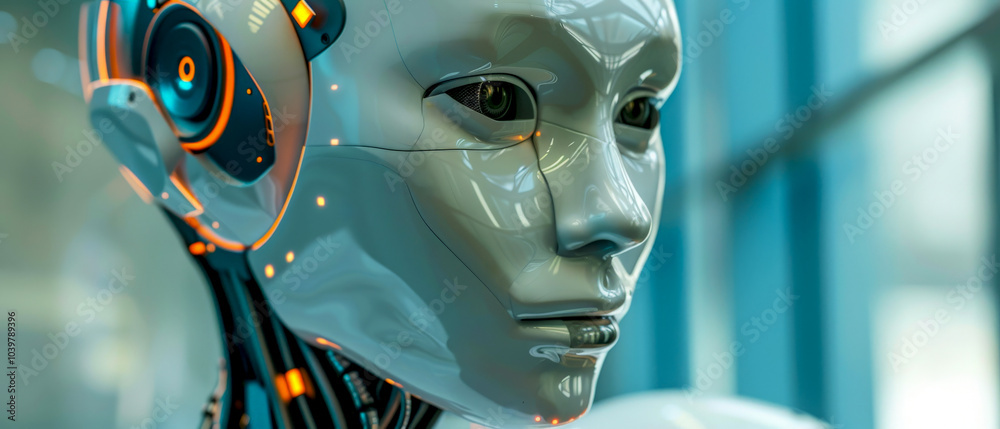 A robot with a white face and orange ears A robot with a white face and orange ears