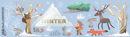 Winter nature landscape elements collection. Nature trees covered with snow, bear fox and rabbit animals and a little child. Isolated vector graphic clipart elements for Christmas or New Year.