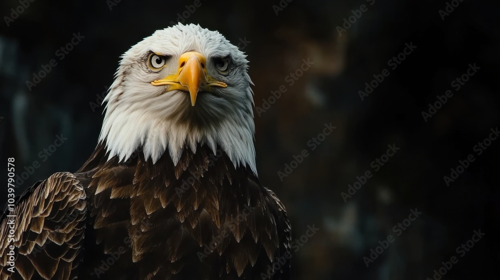 A majestic bald eagle with a fierce expression against a dark backdrop. A majestic bald eagle with a fierce expression against a dark backdrop.