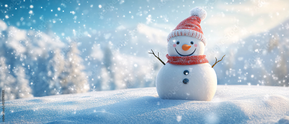 Cheerful Snowman Standing In Snowy Landscape During Winter