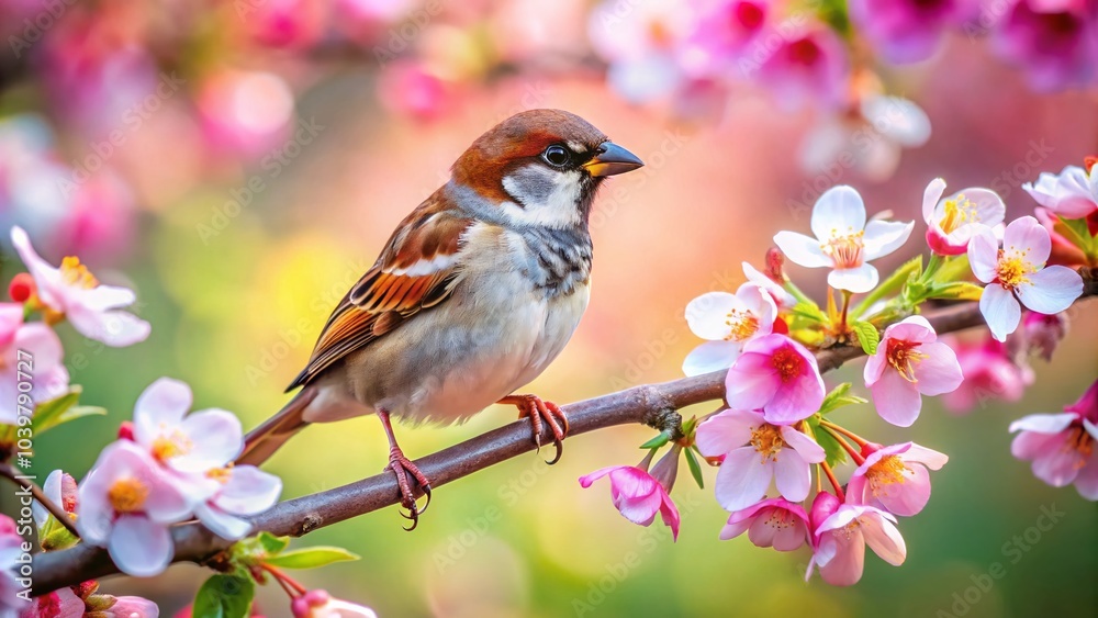 Fototapeta premium Abstract Small Bird Perched on Blooming Tree Branch in Macro Photography