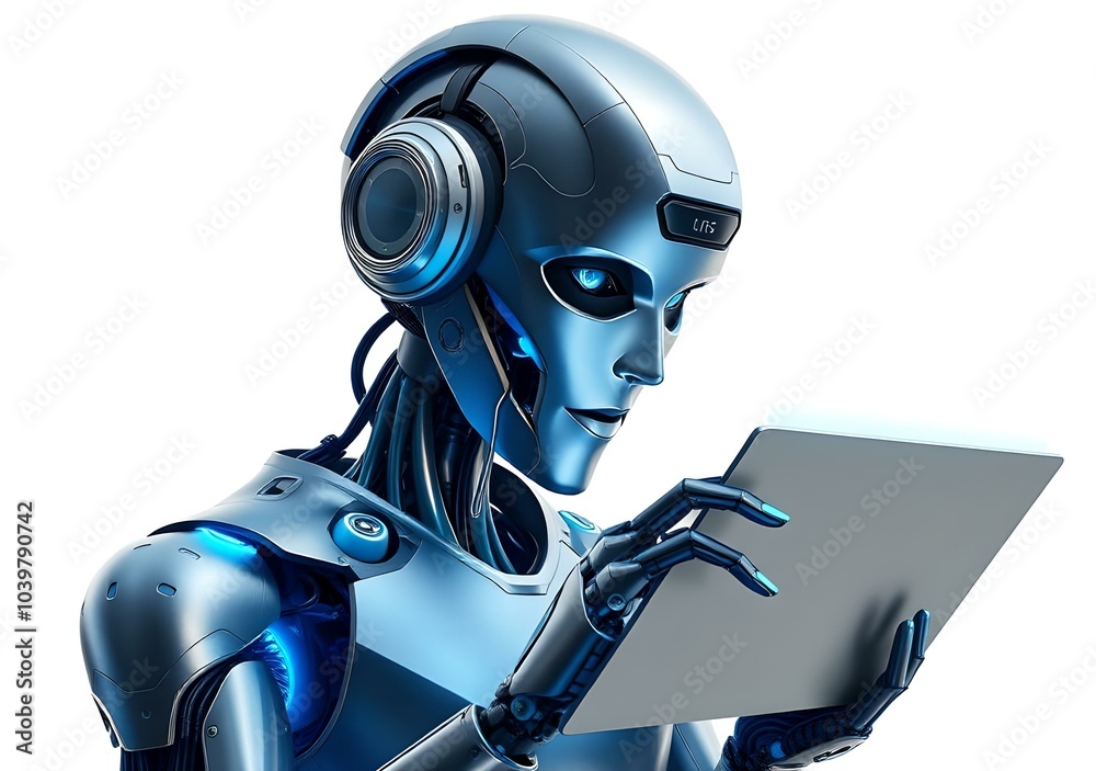 Robot use laptop to touch icon for technology concept, isolated on the white background, Robot use laptop to touch icon for technology concept, isolated on the white background,