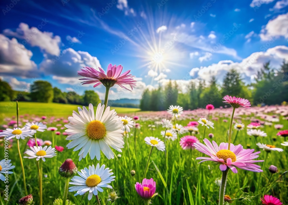 Abstract Spring Background of Pink Chamomile Flowers in a Lush Meadow for Creative Concepts Abstract Spring Background of Pink Chamomile Flowers in a Lush Meadow for Creative Concepts