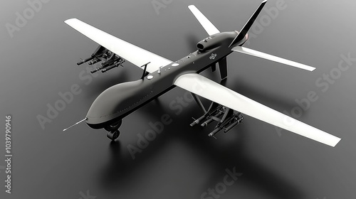 A black drone with white wings and missiles attached to its underside is positioned on a gray background.
