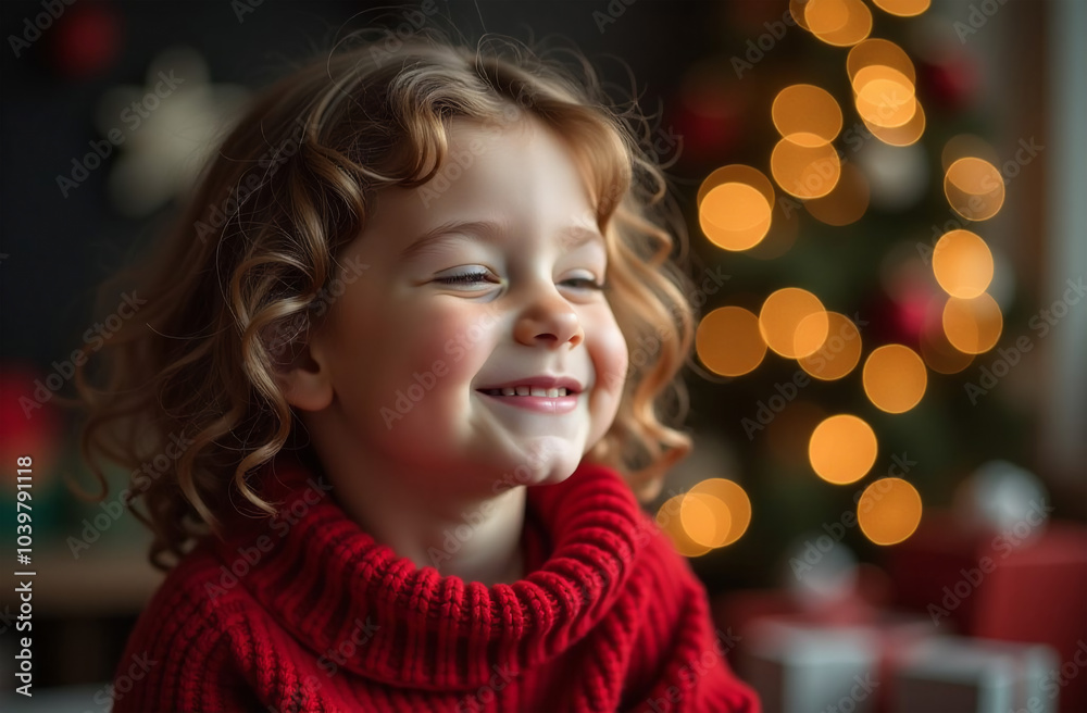 Portrait of a cute little girl in a red sweater in front of a Christmas tree Portrait of a cute little girl in a red sweater in front of a Christmas tree