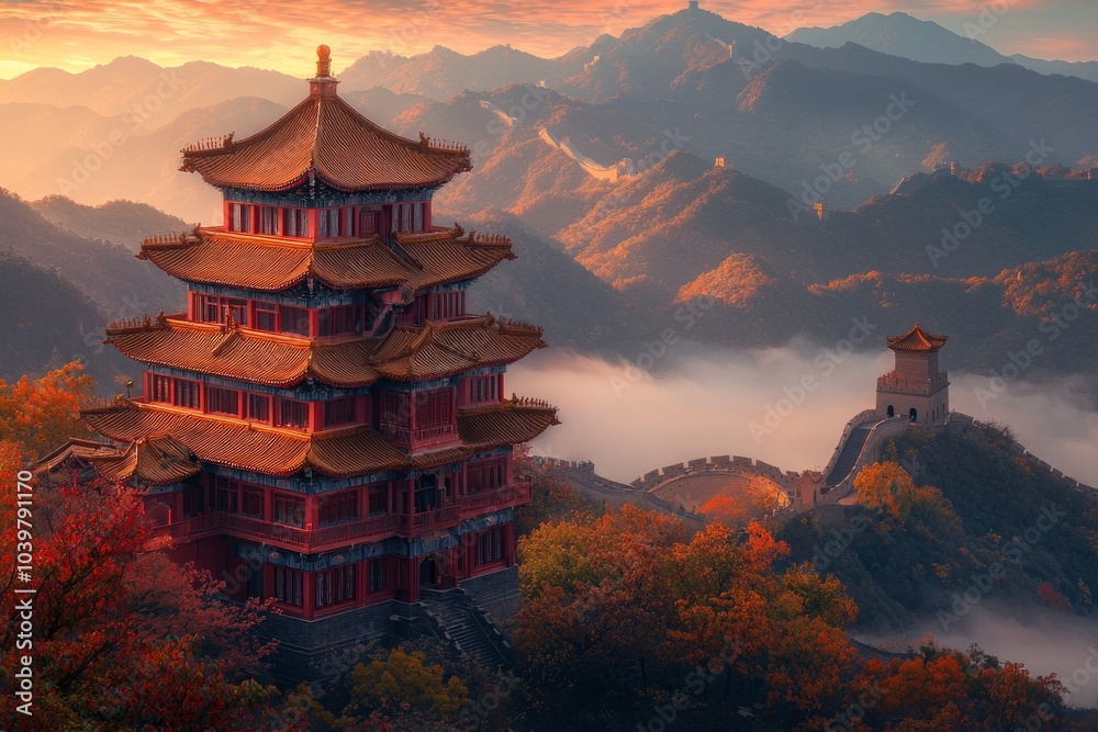 Obraz premium A Chinese-style building, located on the top of Mountains in China, with floors and golden roofs, during autumn season with autumn foliage. During a beautiful sunset, surrounded by sea of clouds.