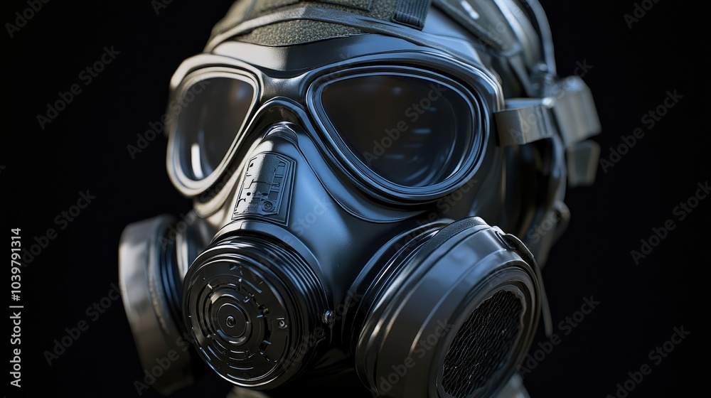 A black gas mask with a green headband on a black background. A black gas mask with a green headband on a black background.