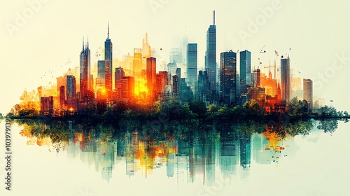Vibrant City Skyline Reflection at Sunset