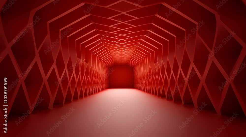 The image shows a red, geometric tunnel. The tunnel is made up of a series of repeating shapes that create a sense of depth and perspective. The light at the end of the tunnel creates a sense of myst The image shows a red, geometric tunnel. The tunnel is made up of a series of repeating shapes that create a sense of depth and perspective. The light at the end of the tunnel creates a sense of myst