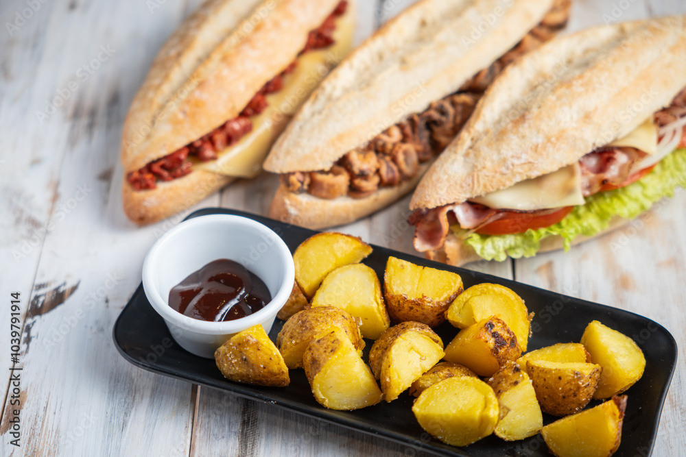 Three baguettes filled with different ingredients and a tray of potato wedges Three baguettes filled with different ingredients and a tray of potato wedges