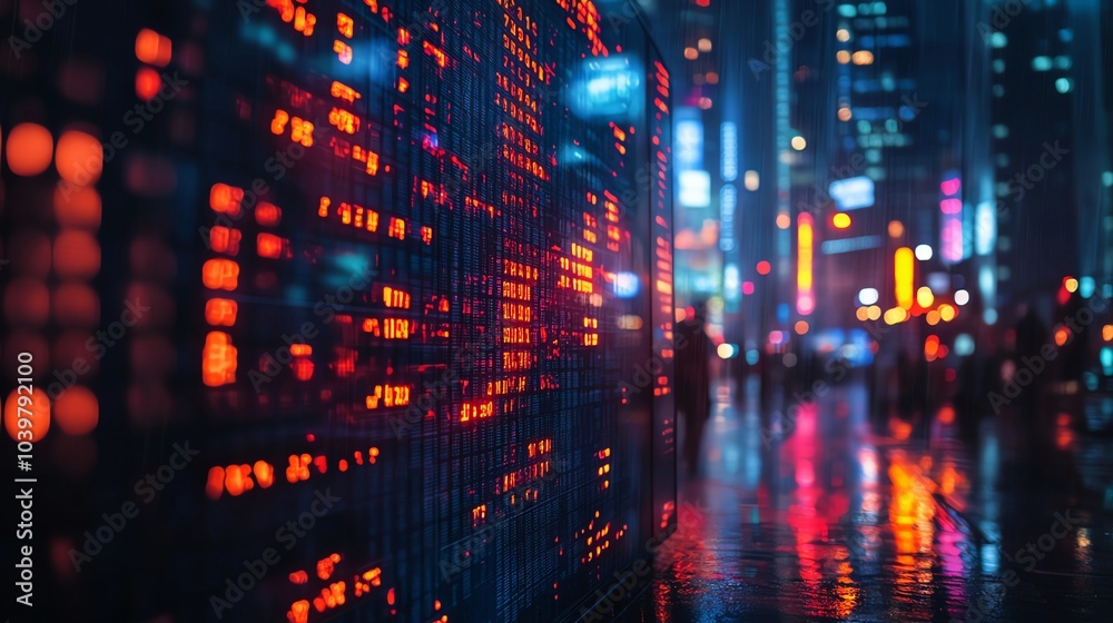 Naklejka premium Neon Financial Data Display in Urban Environment