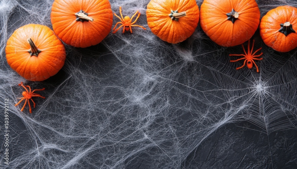 Colorful pumpkins arranged with artificial spiders in a Halloween-themed display Colorful pumpkins arranged with artificial spiders in a Halloween-themed display